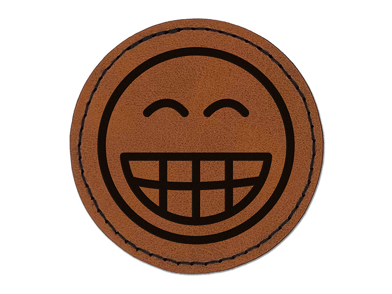 Happy Face Big Smile Teeth Grin Emoticon Round Iron-On Engraved Faux Leather Patch Applique - 2.5"