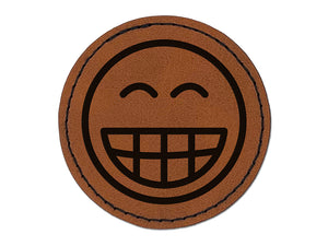 Happy Face Big Smile Teeth Grin Emoticon Round Iron-On Engraved Faux Leather Patch Applique - 2.5"