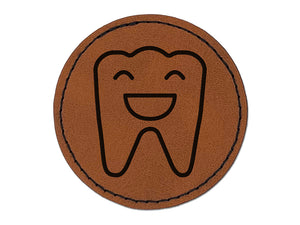 Happy Smiling Tooth Dentist Round Iron-On Engraved Faux Leather Patch Applique - 2.5"