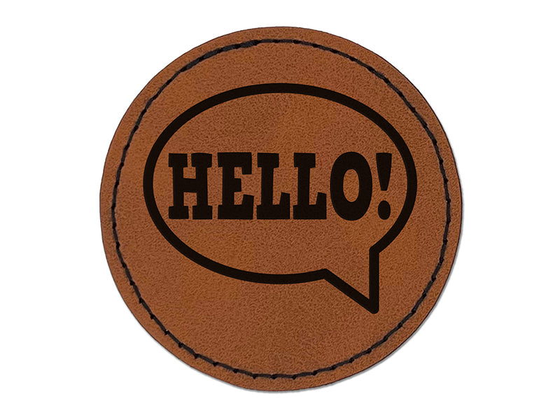 Hello in Text Callout Round Iron-On Engraved Faux Leather Patch Applique - 2.5"