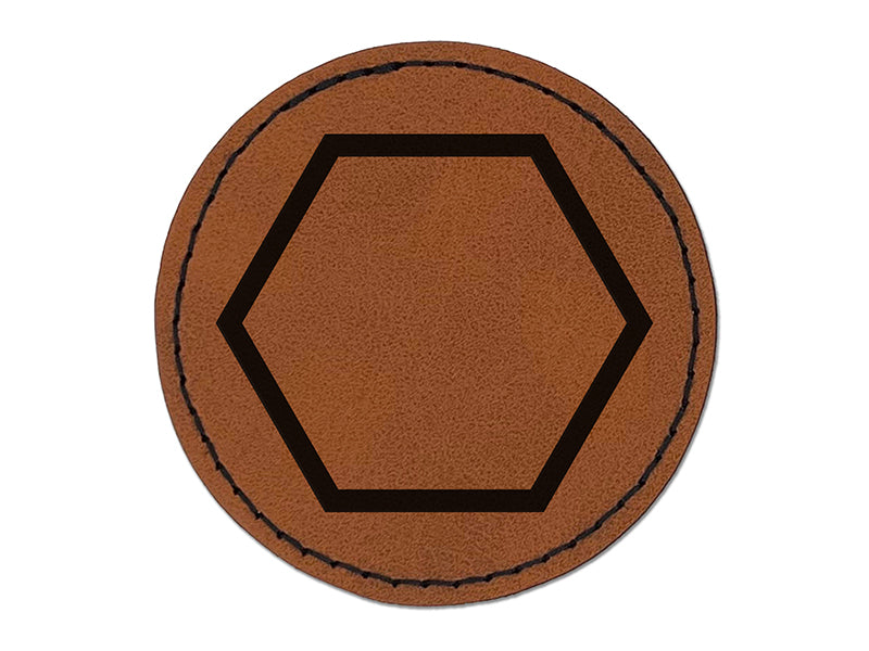 Hexagon Border Outline Round Iron-On Engraved Faux Leather Patch Applique - 2.5"