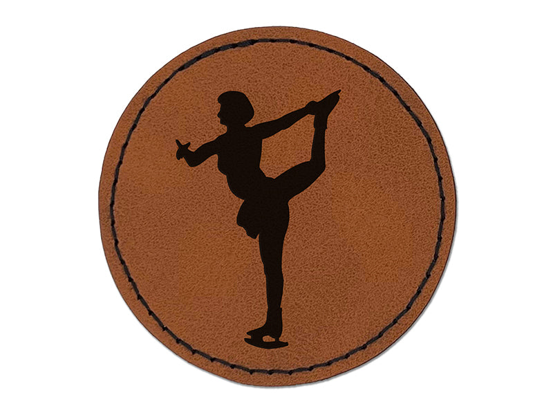 Ice Skating Skater Solid Round Iron-On Engraved Faux Leather Patch Applique - 2.5"