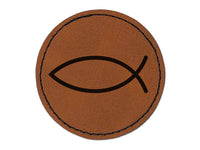 Ichthys Fish Christian Round Iron-On Engraved Faux Leather Patch Applique - 2.5"