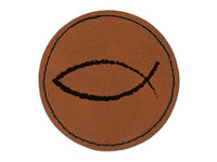 Ichthys Fish Christian Sketch Round Iron-On Engraved Faux Leather Patch Applique - 2.5"