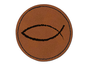 Ichthys Fish Christian Sketch Round Iron-On Engraved Faux Leather Patch Applique - 2.5"