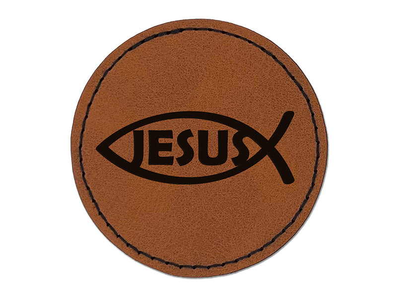 Jesus Ichthys Fish Christian Sketch Round Iron-On Engraved Faux Leather Patch Applique - 2.5"