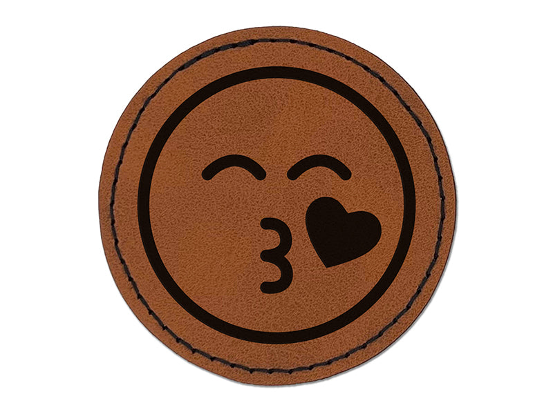 Kiss Face Heart Love Emoticon Round Iron-On Engraved Faux Leather Patch Applique - 2.5"