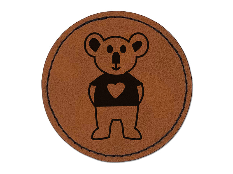 Koala in Heart Shirt Round Iron-On Engraved Faux Leather Patch Applique - 2.5"