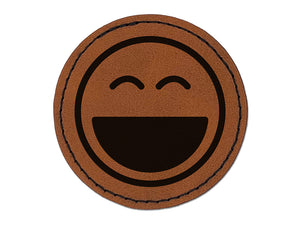 Laughing Happy Face Big Smile Mouth Emoticon Round Iron-On Engraved Faux Leather Patch Applique - 2.5"
