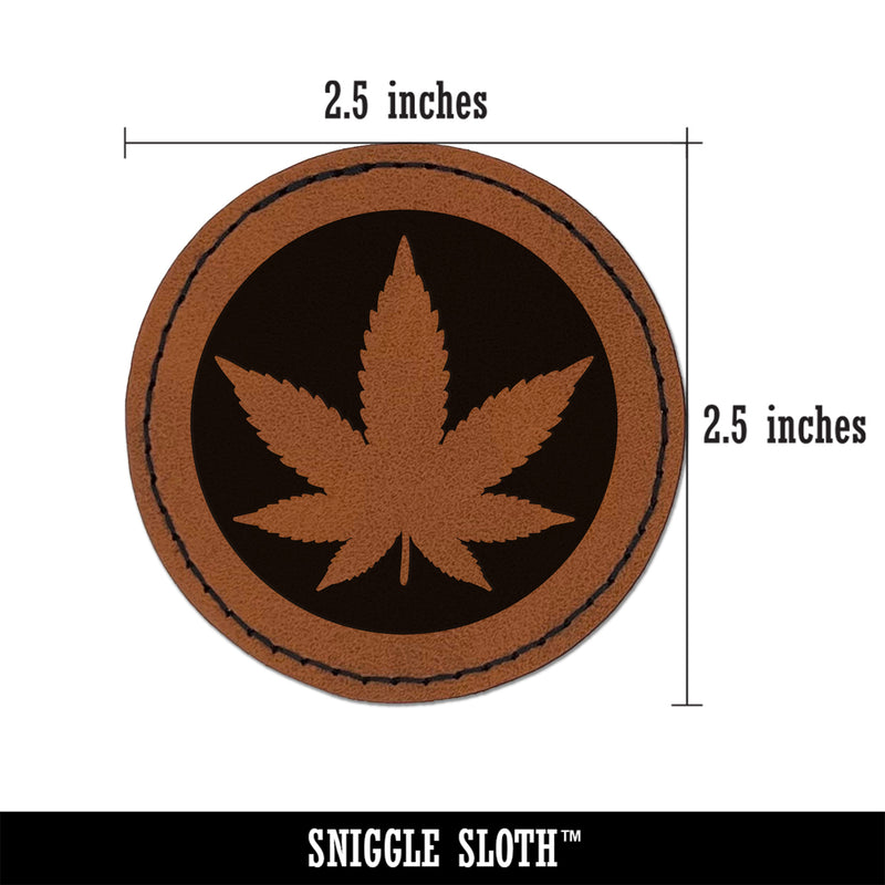 Marijuana Leaf in Circle Round Iron-On Engraved Faux Leather Patch Applique - 2.5"