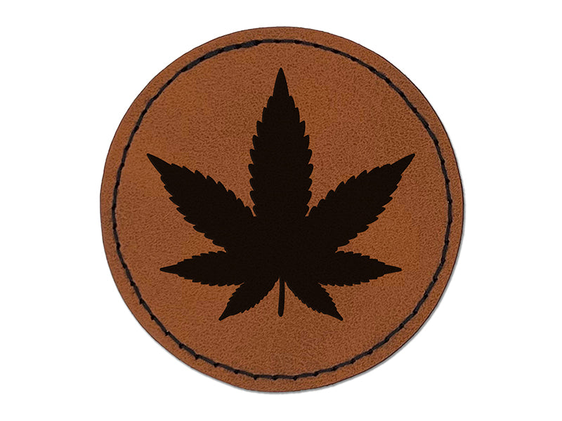 Marijuana Leaf Solid Round Iron-On Engraved Faux Leather Patch Applique - 2.5"