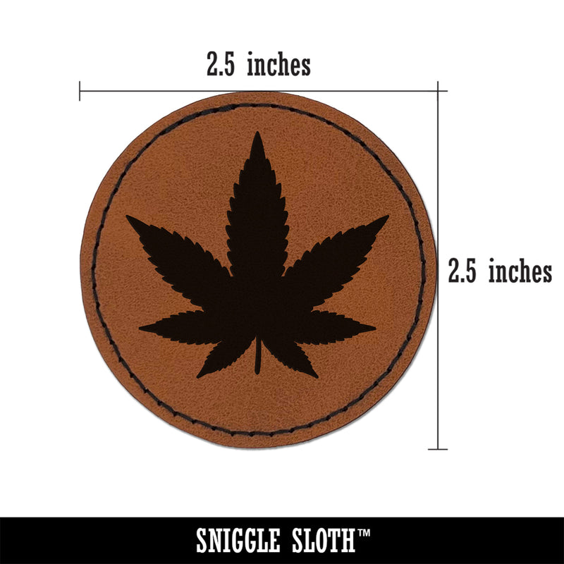 Marijuana Leaf Solid Round Iron-On Engraved Faux Leather Patch Applique - 2.5"