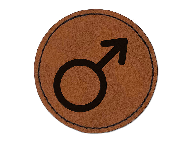 Mars Man Male Gender Symbol Round Iron-On Engraved Faux Leather Patch Applique - 2.5"
