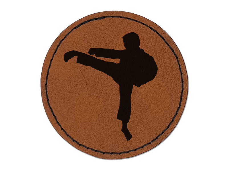 Martial Arts Karate Kick Solid Round Iron-On Engraved Faux Leather Patch Applique - 2.5"