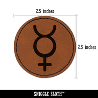 Mercury Unisex Gender Symbol Round Iron-On Engraved Faux Leather Patch Applique - 2.5"