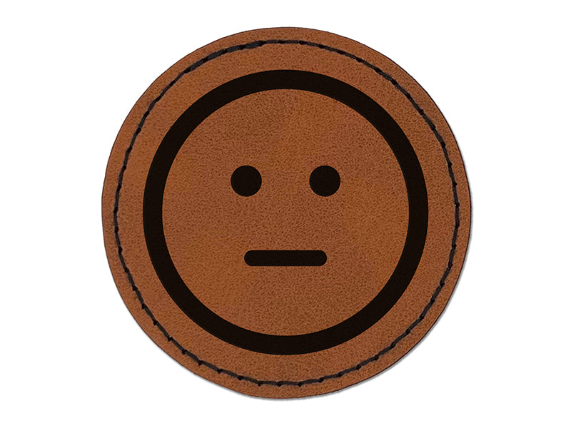 Neutral Face Emoticon Round Iron-On Engraved Faux Leather Patch Applique - 2.5"