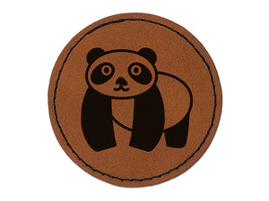 Panda Walking Doodle Round Iron-On Engraved Faux Leather Patch Applique - 2.5"