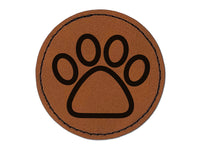 Paw Print Outline Dog Cat Round Iron-On Engraved Faux Leather Patch Applique - 2.5"