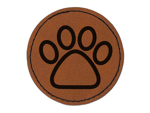 Paw Print Outline Dog Cat Round Iron-On Engraved Faux Leather Patch Applique - 2.5"