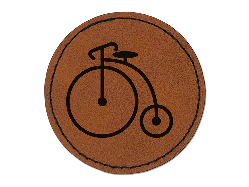 Penny Farthing Bicycle Bike Old Fashioned Victorian Round Iron-On Engraved Faux Leather Patch Applique - 2.5"