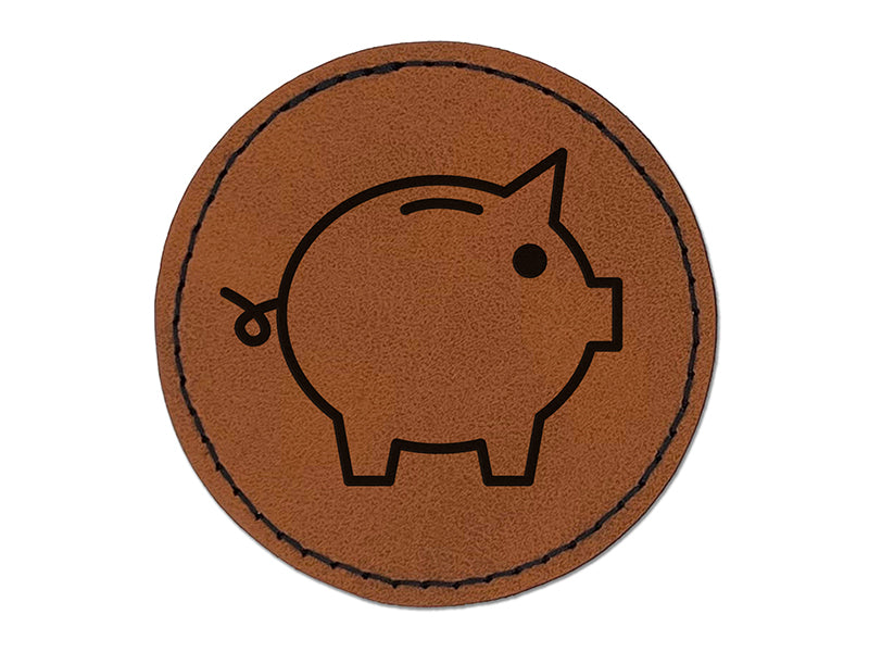 Piggy Bank Outline Round Iron-On Engraved Faux Leather Patch Applique - 2.5"