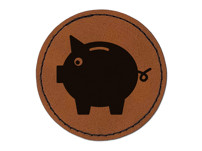 Piggy Bank Solid Round Iron-On Engraved Faux Leather Patch Applique - 2.5"