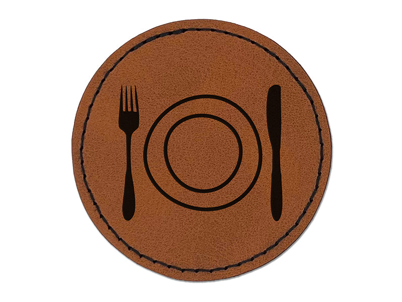 Place Setting Fork Knife Plate Utensil Eating Sketch Round Iron-On Engraved Faux Leather Patch Applique - 2.5"