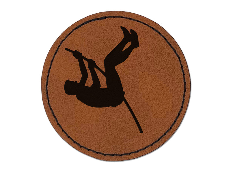 Pole Vaulter Track and Field Solid Round Iron-On Engraved Faux Leather Patch Applique - 2.5"