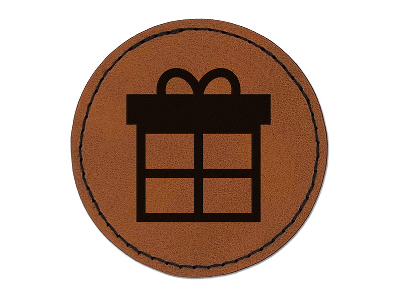 Present Gift Box Birthday Christmas Holiday Round Iron-On Engraved Faux Leather Patch Applique - 2.5"