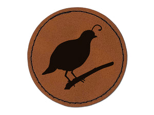 Quail Bird Solid Round Iron-On Engraved Faux Leather Patch Applique - 2.5"