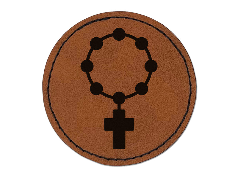 Rosary Catholic Symbol Round Iron-On Engraved Faux Leather Patch Applique - 2.5"