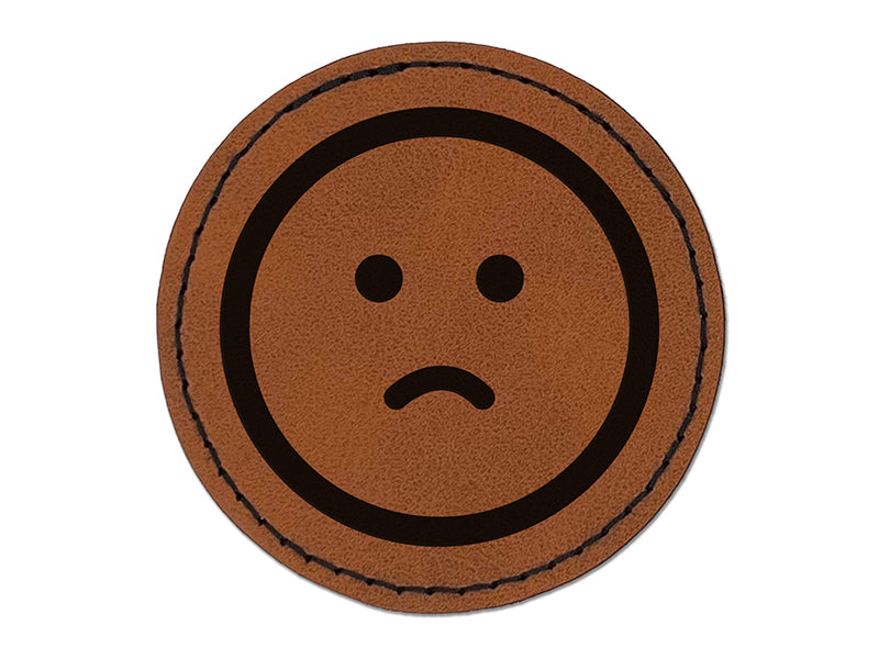 Sad Frown Face Emoticon Round Iron-On Engraved Faux Leather Patch Applique - 2.5"