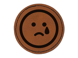 Sad Tear Crying Frown Face Emoticon Round Iron-On Engraved Faux Leather Patch Applique - 2.5"