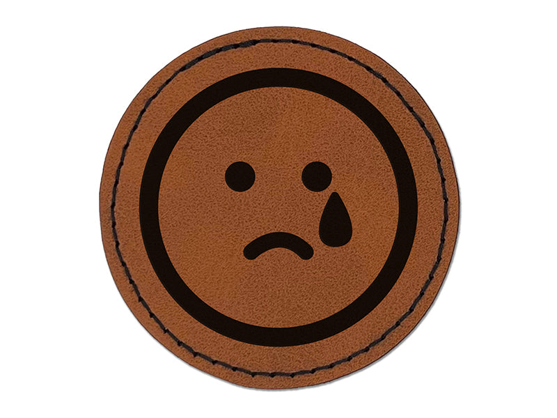 Sad Tear Crying Frown Face Emoticon Round Iron-On Engraved Faux Leather Patch Applique - 2.5"