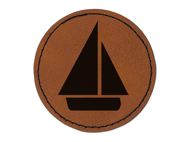 Sail Boat Sailing Icon Round Iron-On Engraved Faux Leather Patch Applique - 2.5"