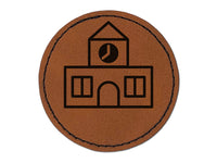 School Building Icon Round Iron-On Engraved Faux Leather Patch Applique - 2.5"