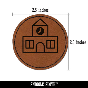 School Building Icon Round Iron-On Engraved Faux Leather Patch Applique - 2.5"