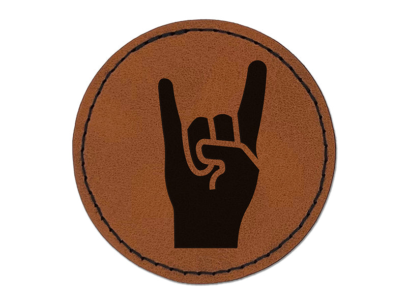 Sign of the Horns Rock and Roll Hand Gesture Round Iron-On Engraved Faux Leather Patch Applique - 2.5"