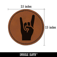 Sign of the Horns Rock and Roll Hand Gesture Round Iron-On Engraved Faux Leather Patch Applique - 2.5"