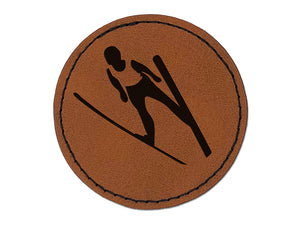 Ski Jumping Jumper Round Iron-On Engraved Faux Leather Patch Applique - 2.5"