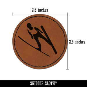 Ski Jumping Jumper Round Iron-On Engraved Faux Leather Patch Applique - 2.5"