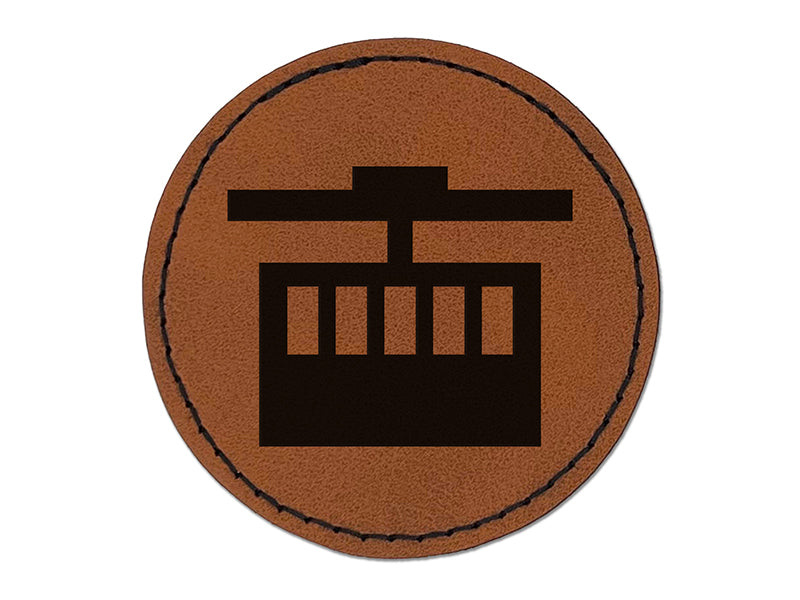 Ski Tram Lift Round Iron-On Engraved Faux Leather Patch Applique - 2.5"