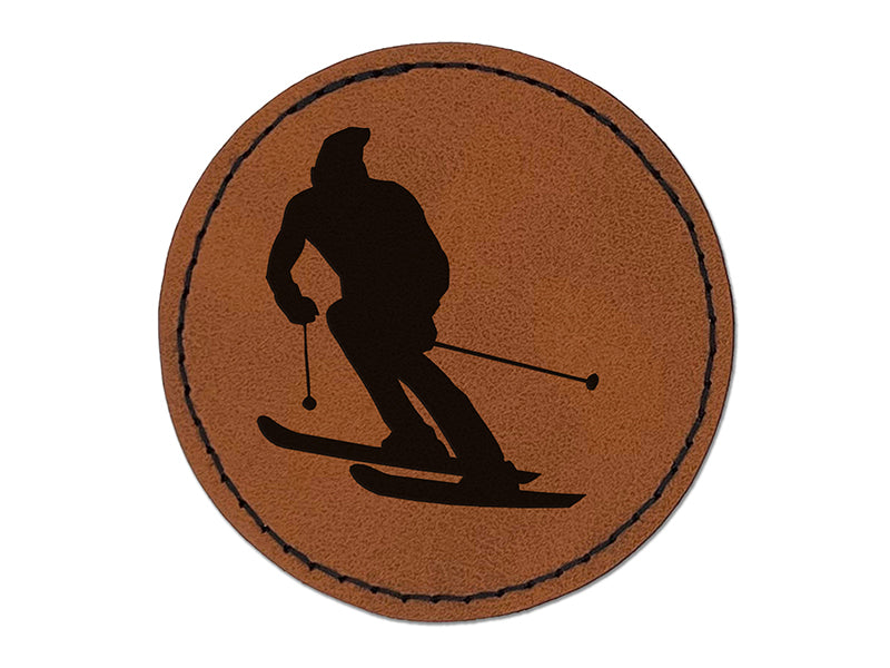 Skiing Skier Solid Round Iron-On Engraved Faux Leather Patch Applique - 2.5"