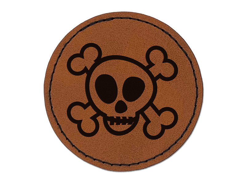 Skull and Crossbones Doodle Round Iron-On Engraved Faux Leather Patch Applique - 2.5"