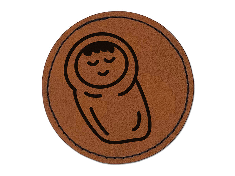 Sleeping Baby Doodle Round Iron-On Engraved Faux Leather Patch Applique - 2.5"