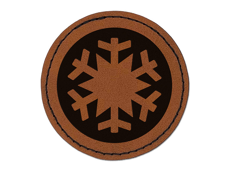 Snowflake in Circle Winter Snowing Round Iron-On Engraved Faux Leather Patch Applique - 2.5"