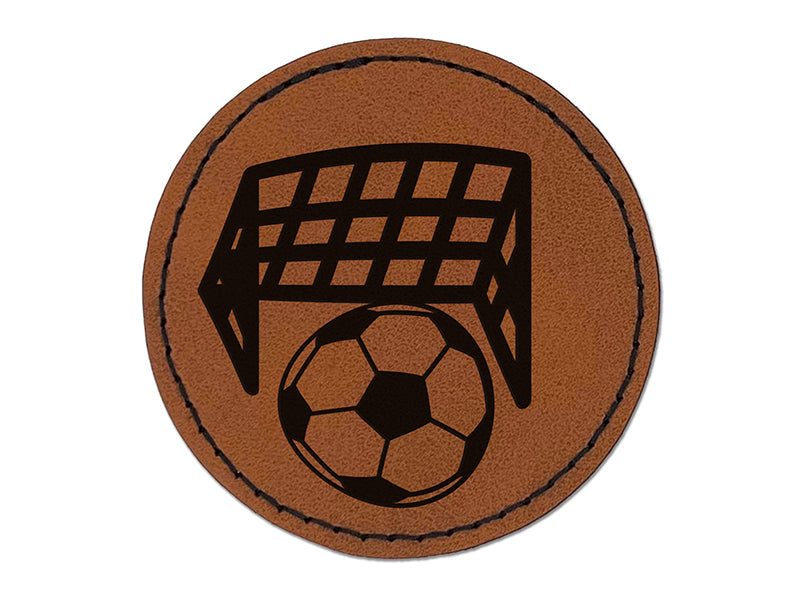 Soccer and Goal Net Round Iron-On Engraved Faux Leather Patch Applique - 2.5"