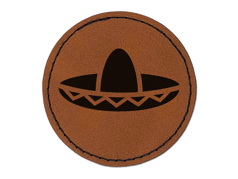 Sombrero Mexico Mexican Fiesta Hat Round Iron-On Engraved Faux Leather Patch Applique - 2.5"
