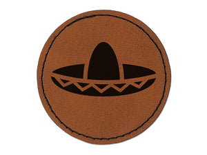 Sombrero Mexico Mexican Fiesta Hat Round Iron-On Engraved Faux Leather Patch Applique - 2.5"