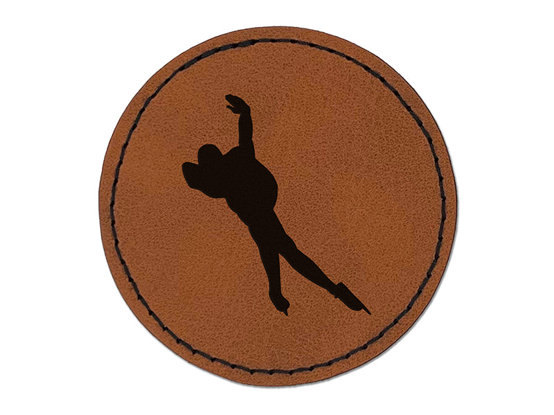 Speed Skating Skater Round Iron-On Engraved Faux Leather Patch Applique - 2.5"